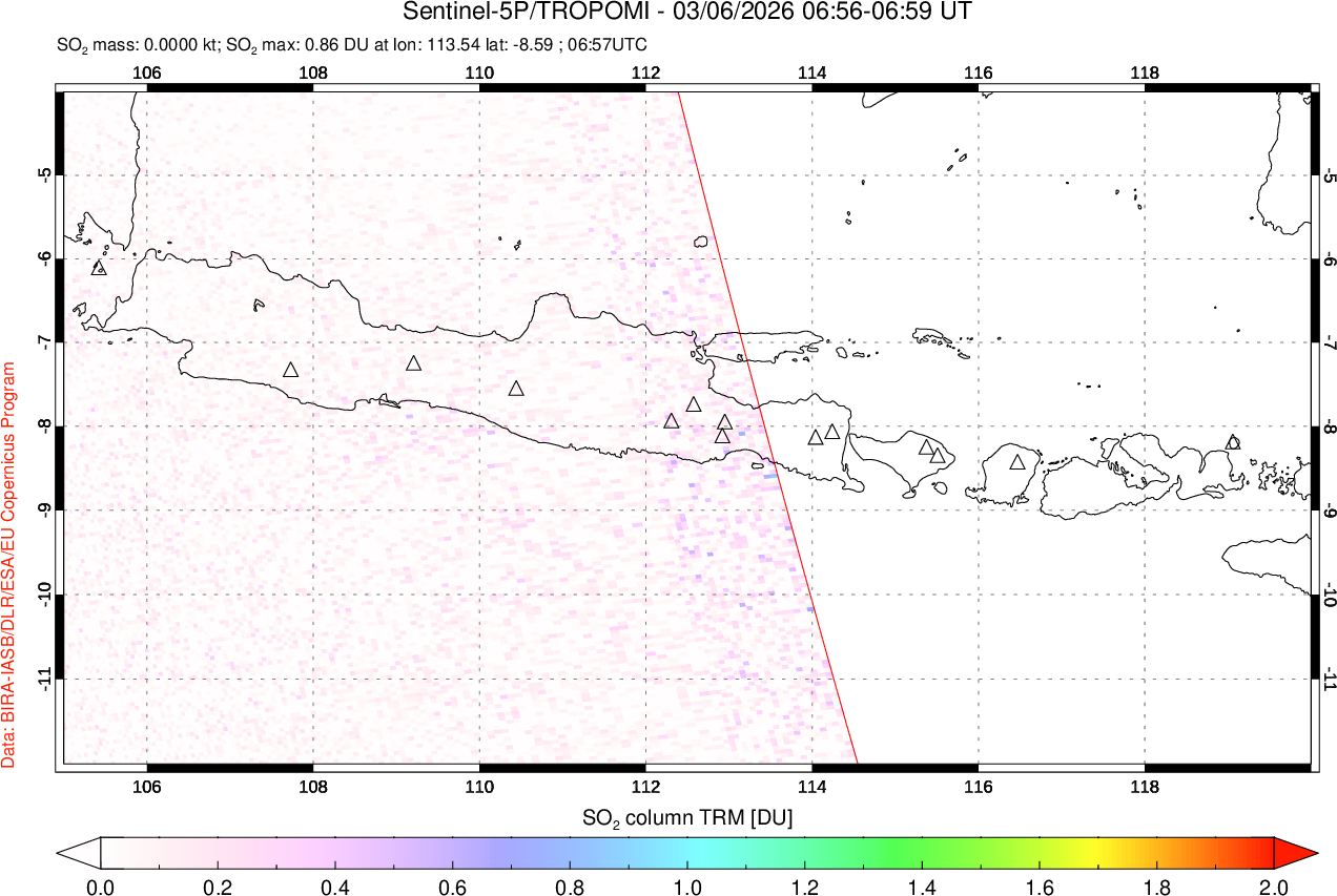 A sulfur dioxide image over Java, Indonesia on Mar 06, 2026.