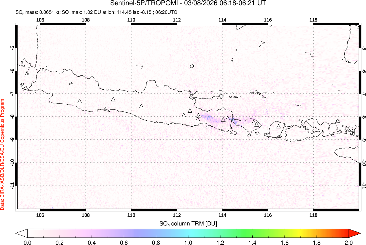 A sulfur dioxide image over Java, Indonesia on Mar 08, 2026.