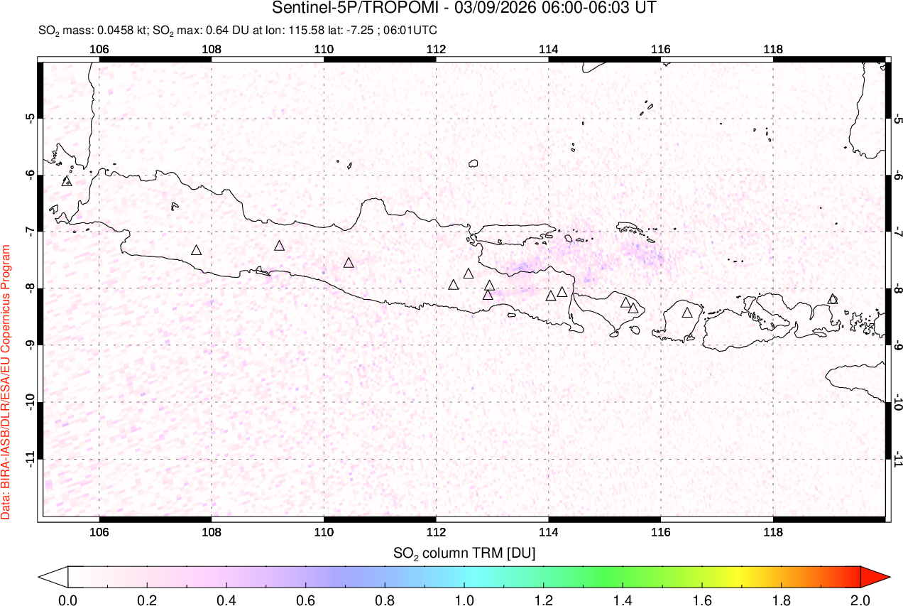 A sulfur dioxide image over Java, Indonesia on Mar 09, 2026.