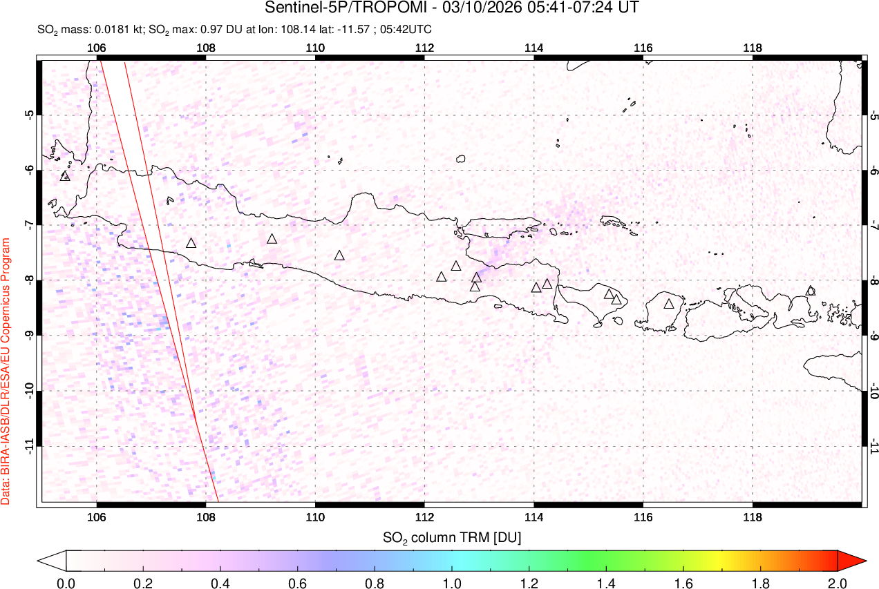 A sulfur dioxide image over Java, Indonesia on Mar 10, 2026.