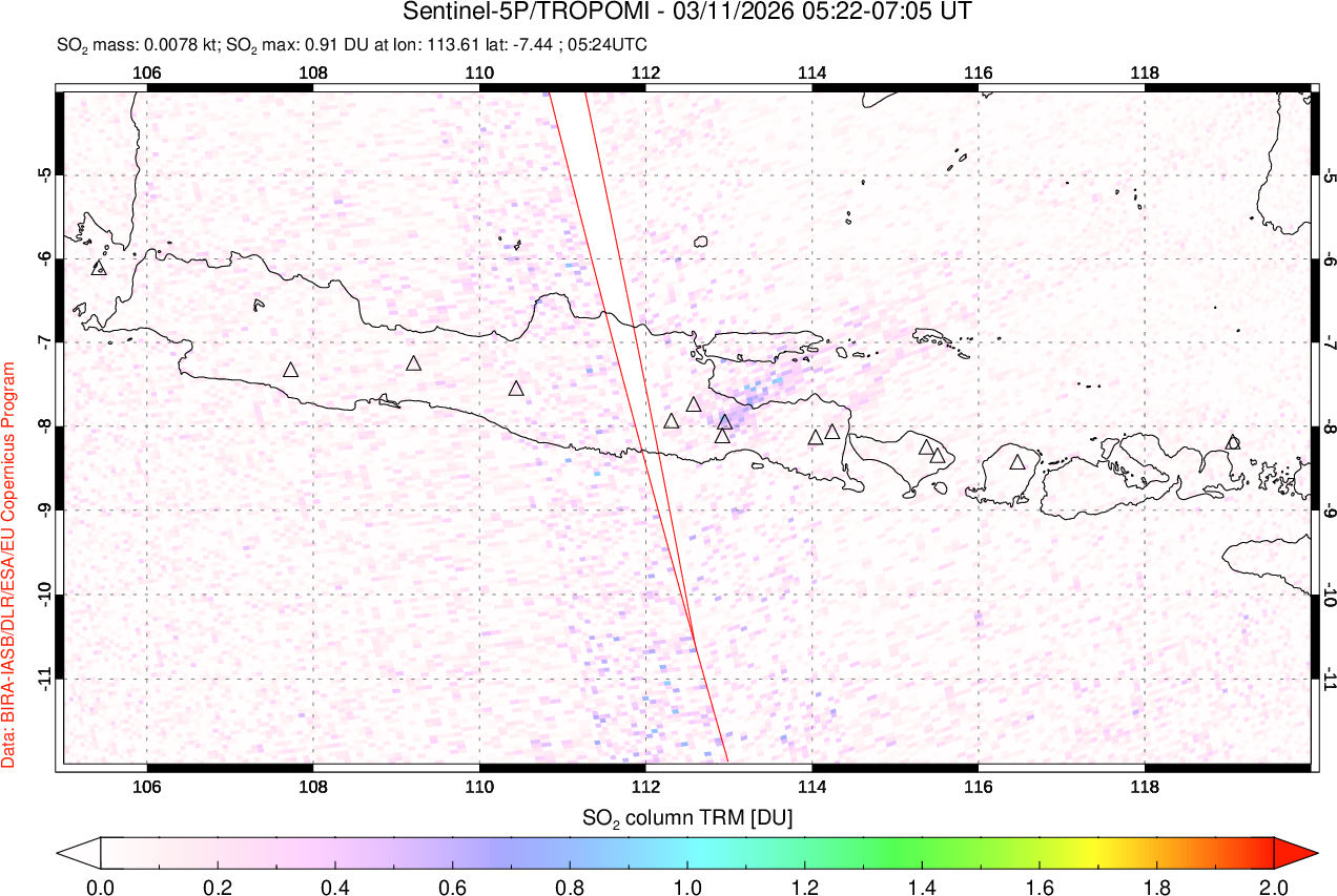 A sulfur dioxide image over Java, Indonesia on Mar 11, 2026.
