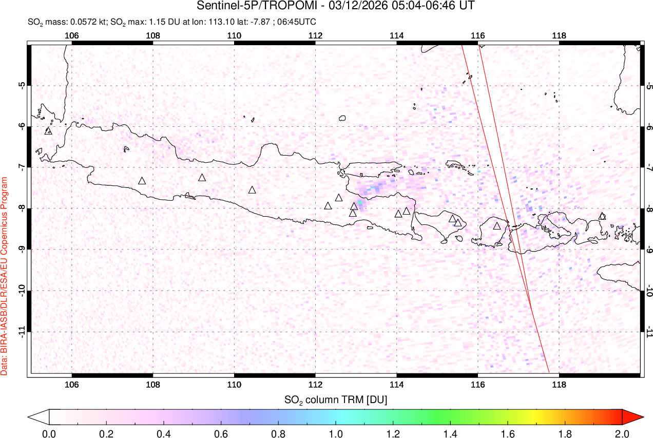A sulfur dioxide image over Java, Indonesia on Mar 12, 2026.