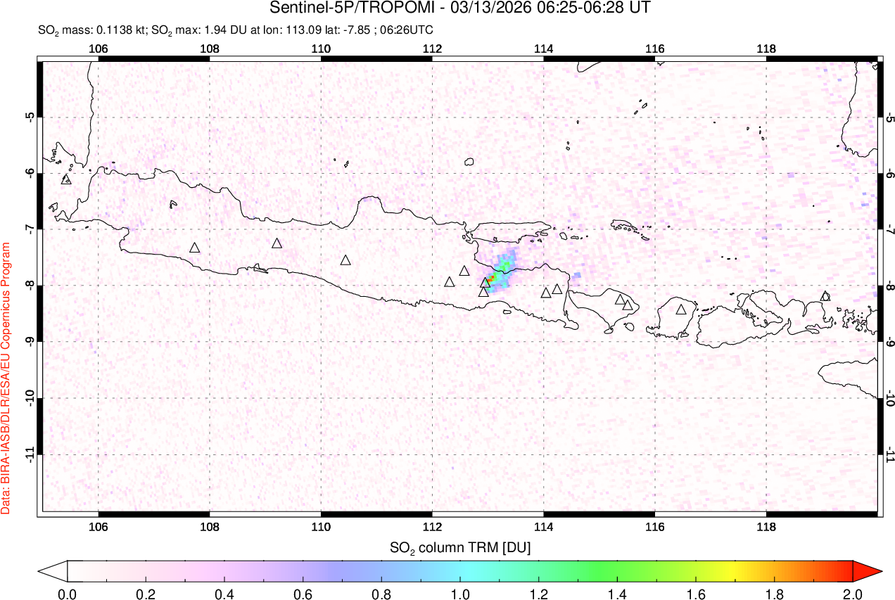 A sulfur dioxide image over Java, Indonesia on Mar 13, 2026.