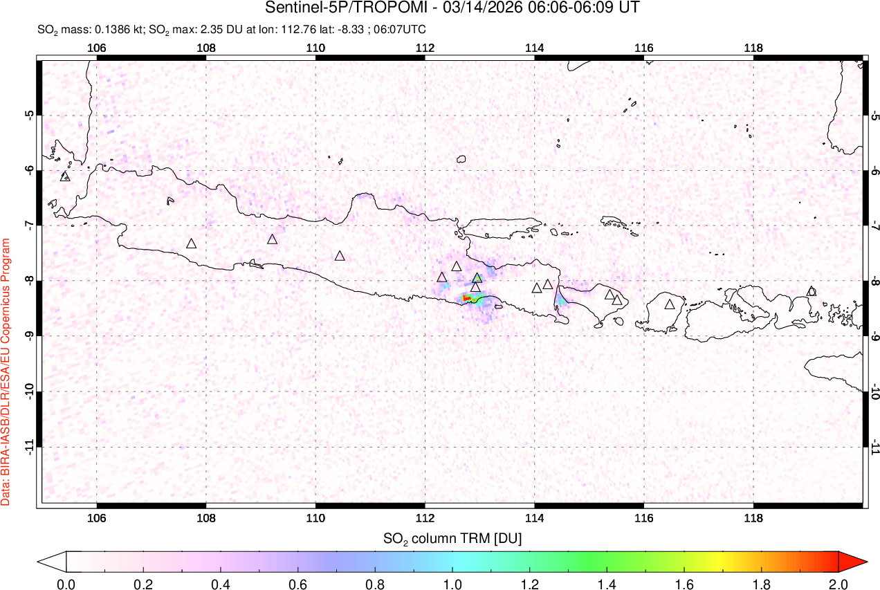 A sulfur dioxide image over Java, Indonesia on Mar 14, 2026.