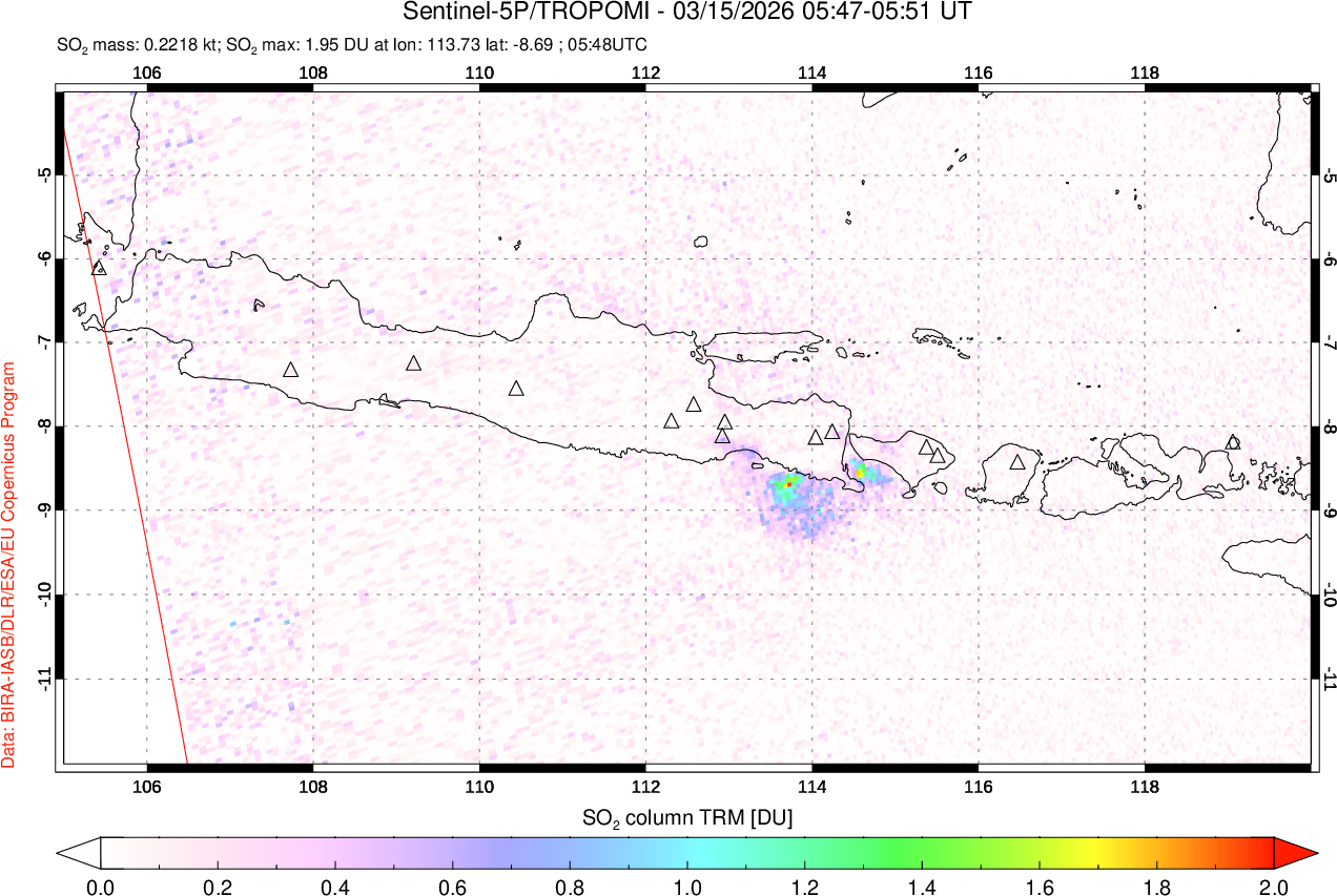 A sulfur dioxide image over Java, Indonesia on Mar 15, 2026.