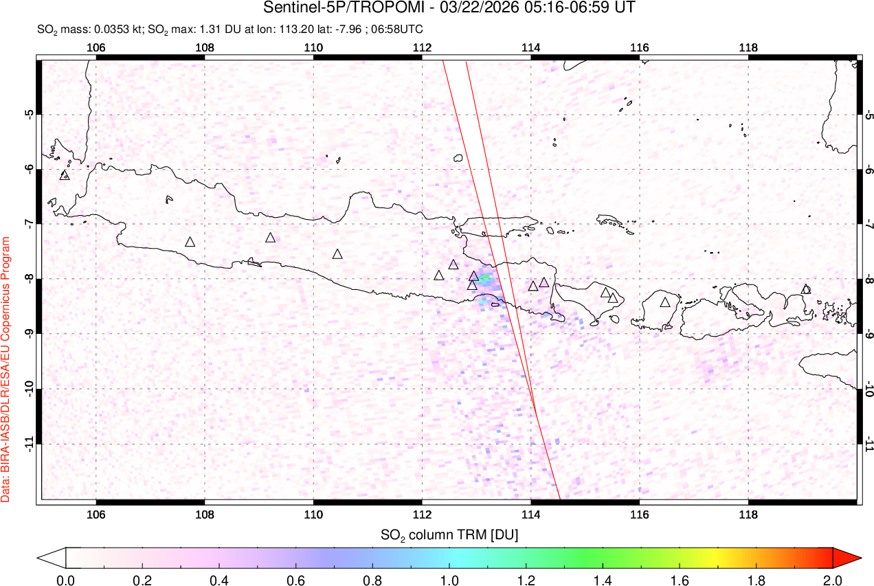 A sulfur dioxide image over Java, Indonesia on Mar 22, 2026.