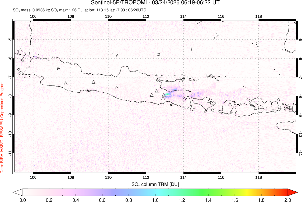 A sulfur dioxide image over Java, Indonesia on Mar 24, 2026.