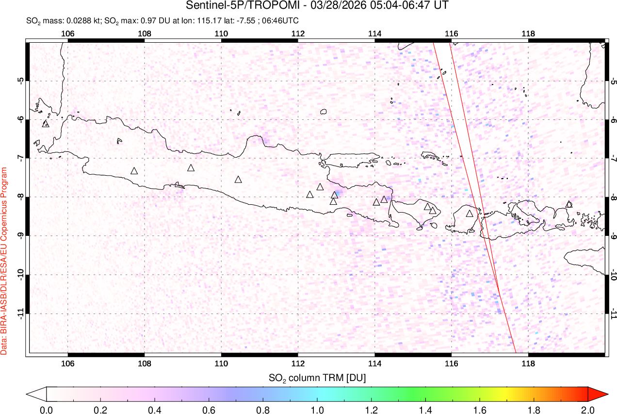 A sulfur dioxide image over Java, Indonesia on Mar 28, 2026.