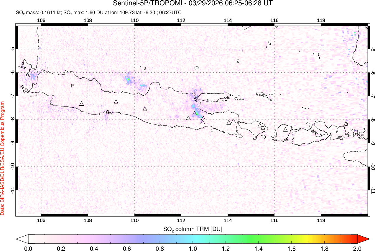 A sulfur dioxide image over Java, Indonesia on Mar 29, 2026.