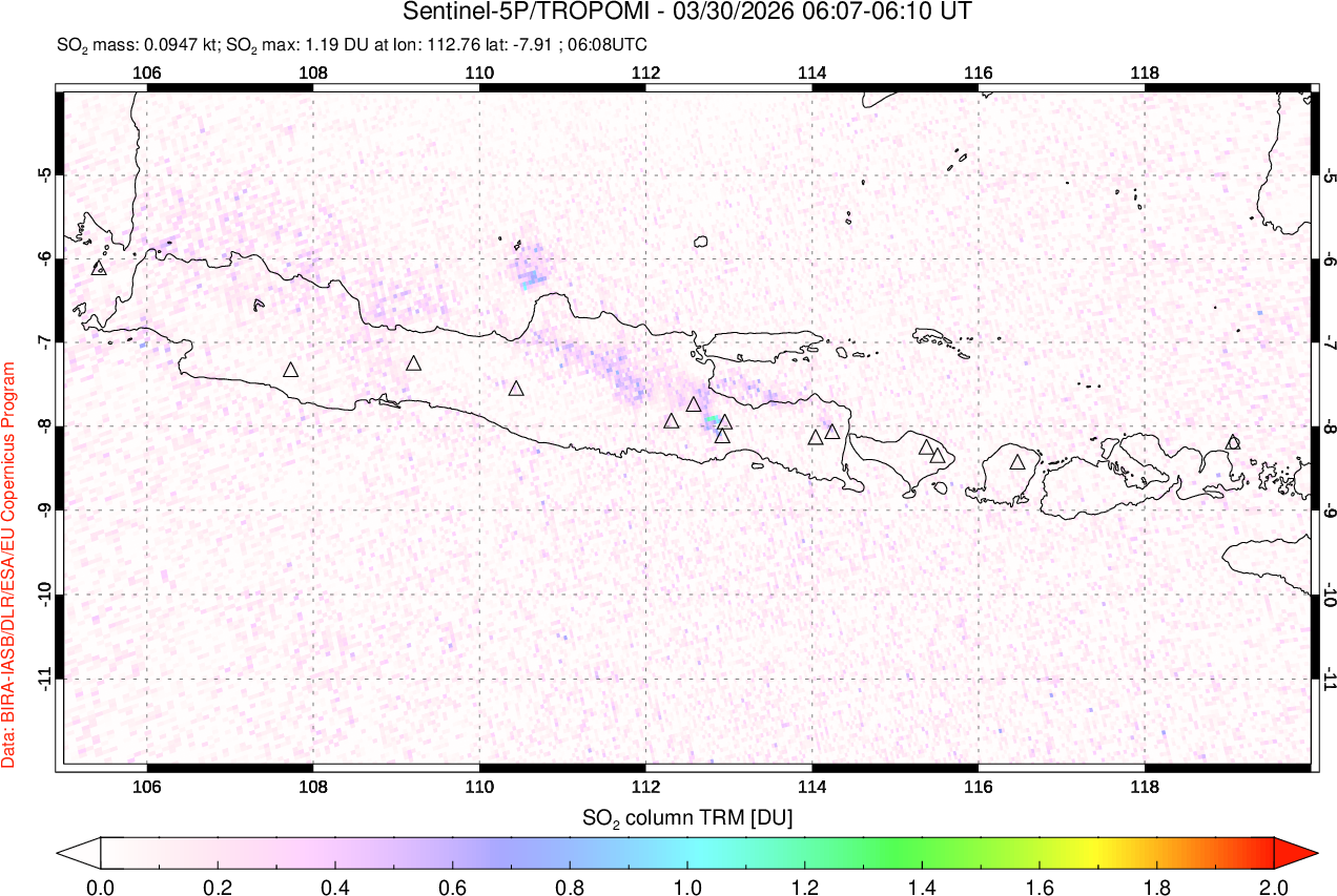 A sulfur dioxide image over Java, Indonesia on Mar 30, 2026.