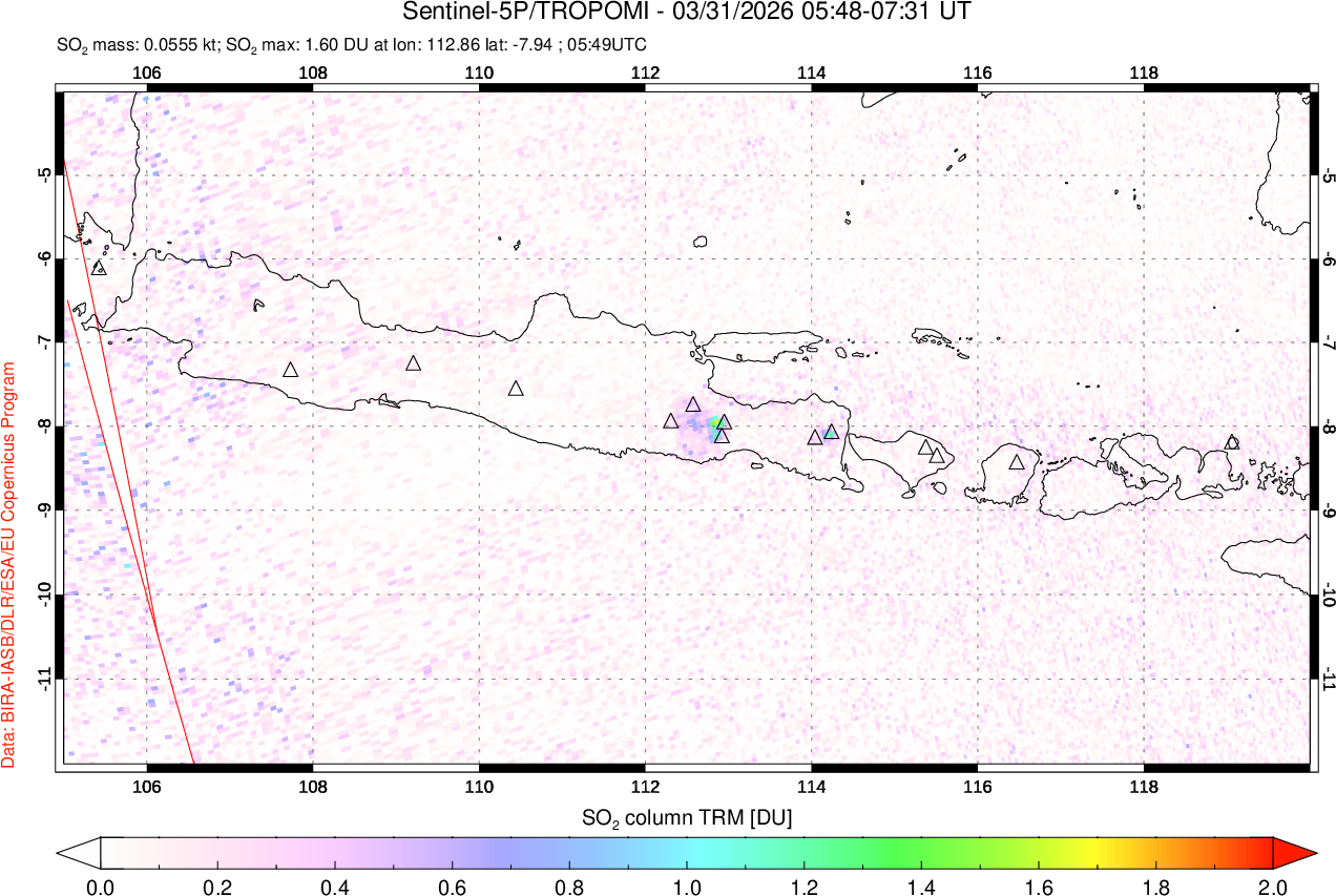 A sulfur dioxide image over Java, Indonesia on Mar 31, 2026.