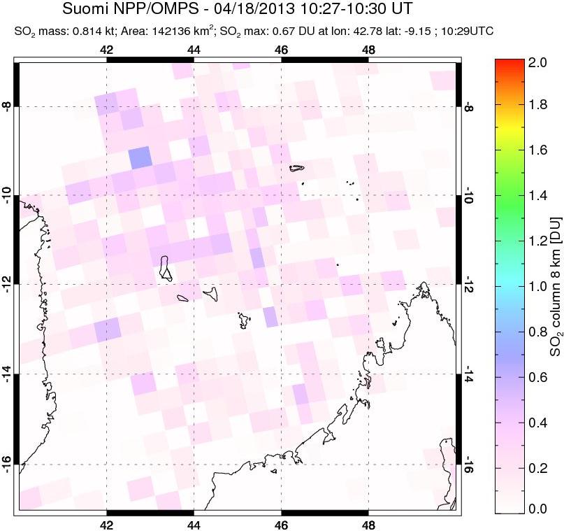 A sulfur dioxide image over Comoro Islands on Apr 18, 2013.