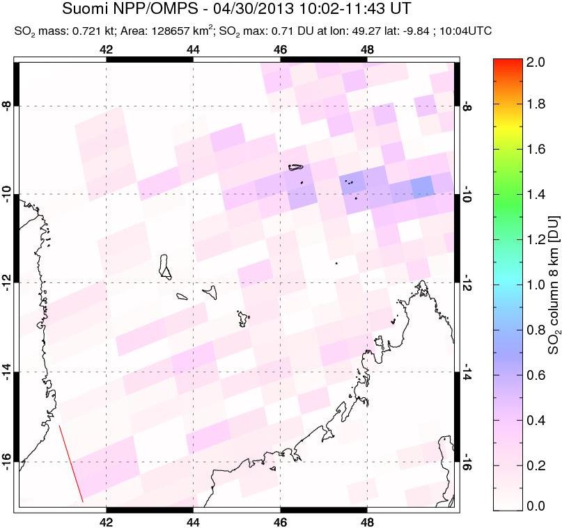 A sulfur dioxide image over Comoro Islands on Apr 30, 2013.