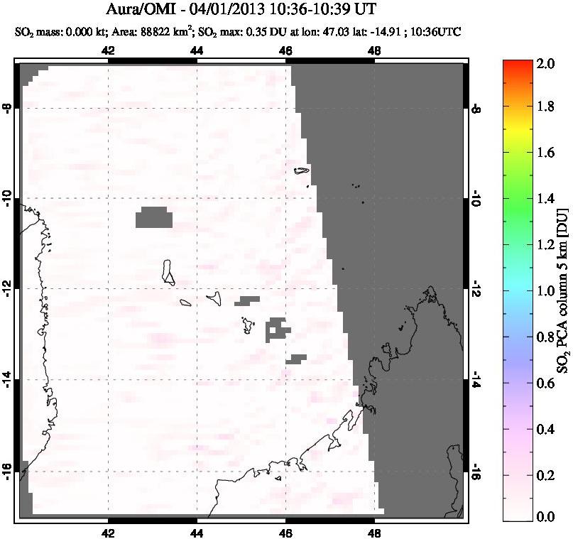 A sulfur dioxide image over Comoro Islands on Apr 01, 2013.