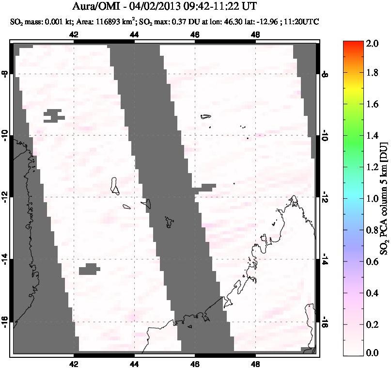 A sulfur dioxide image over Comoro Islands on Apr 02, 2013.