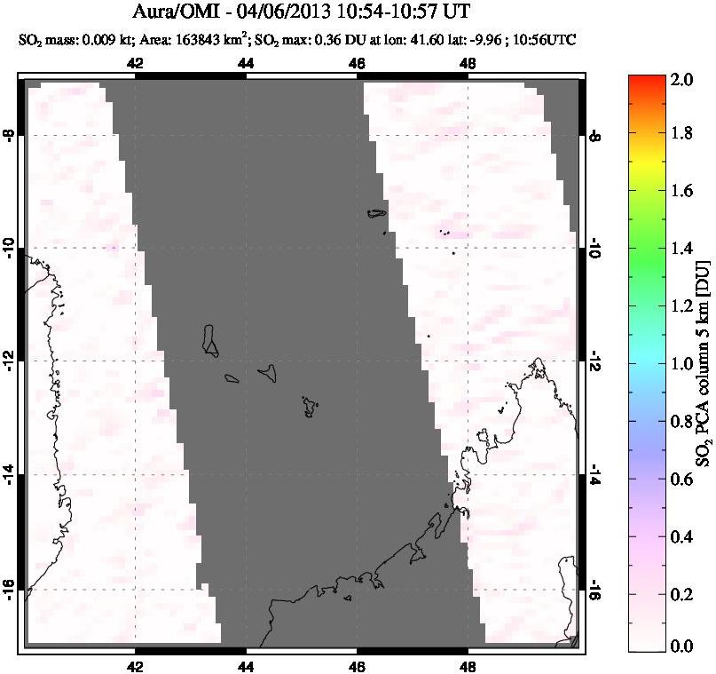 A sulfur dioxide image over Comoro Islands on Apr 06, 2013.