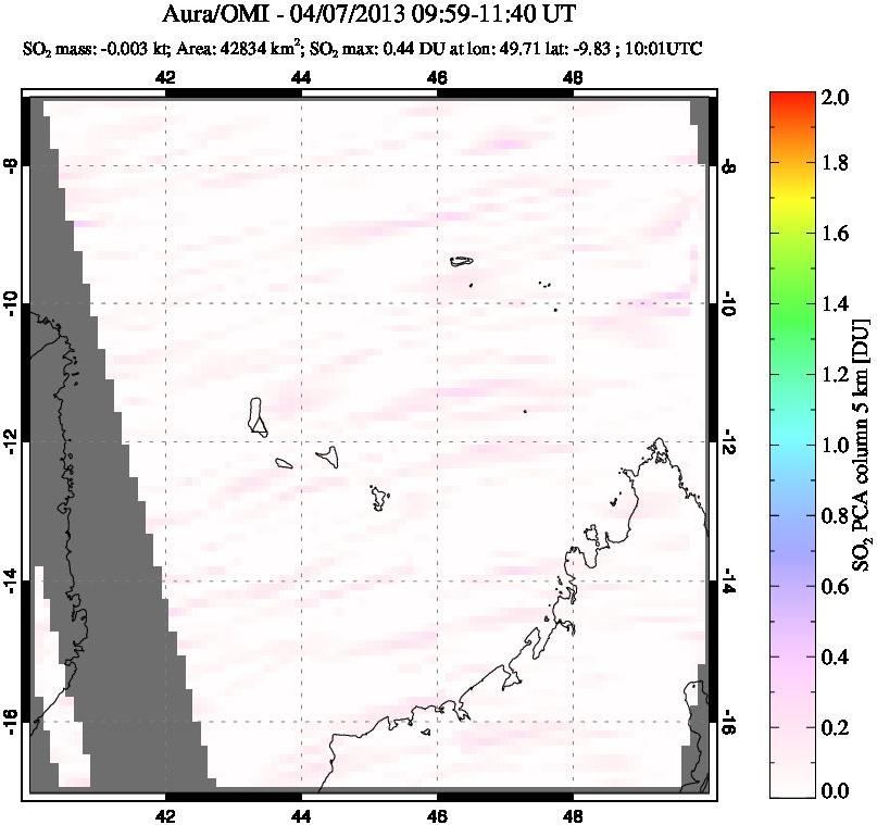 A sulfur dioxide image over Comoro Islands on Apr 07, 2013.