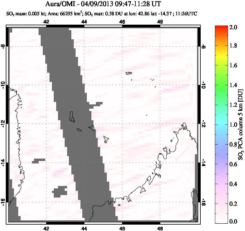 A sulfur dioxide image over Comoro Islands on Apr 09, 2013.