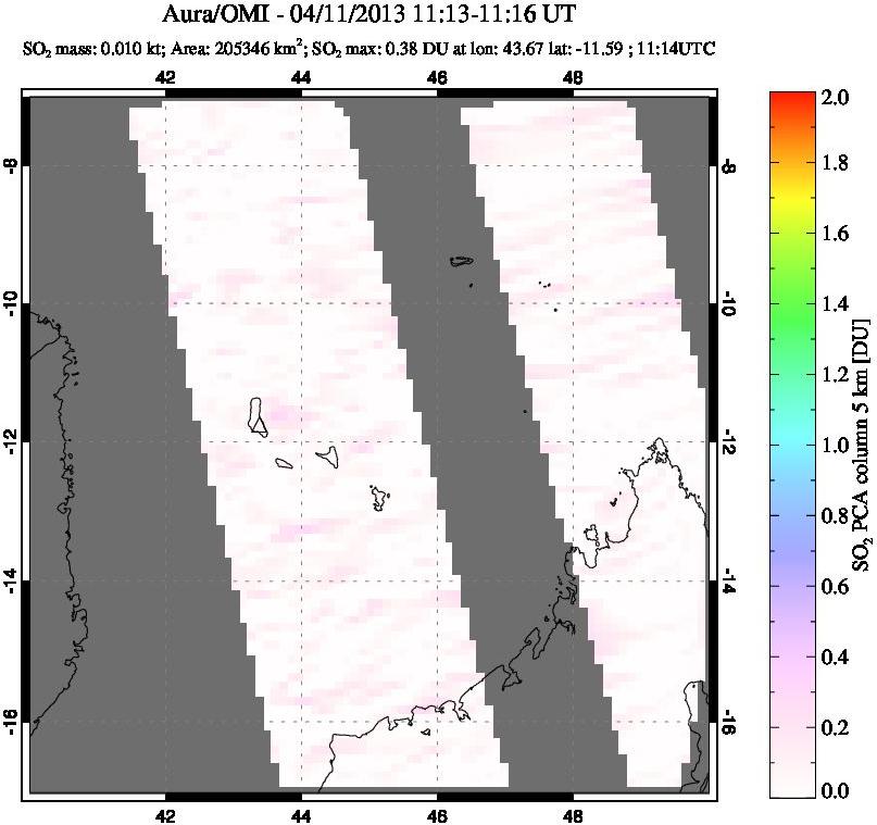 A sulfur dioxide image over Comoro Islands on Apr 11, 2013.
