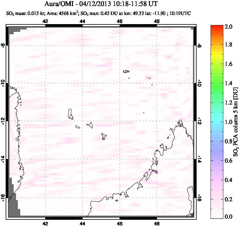 A sulfur dioxide image over Comoro Islands on Apr 12, 2013.