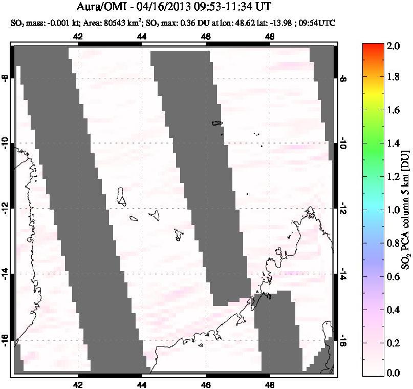 A sulfur dioxide image over Comoro Islands on Apr 16, 2013.