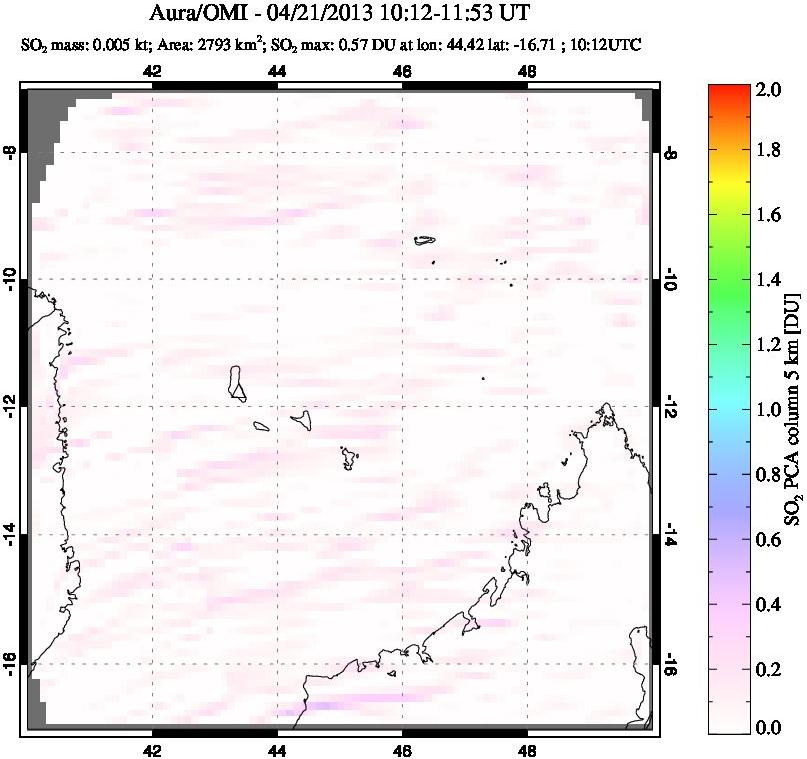 A sulfur dioxide image over Comoro Islands on Apr 21, 2013.