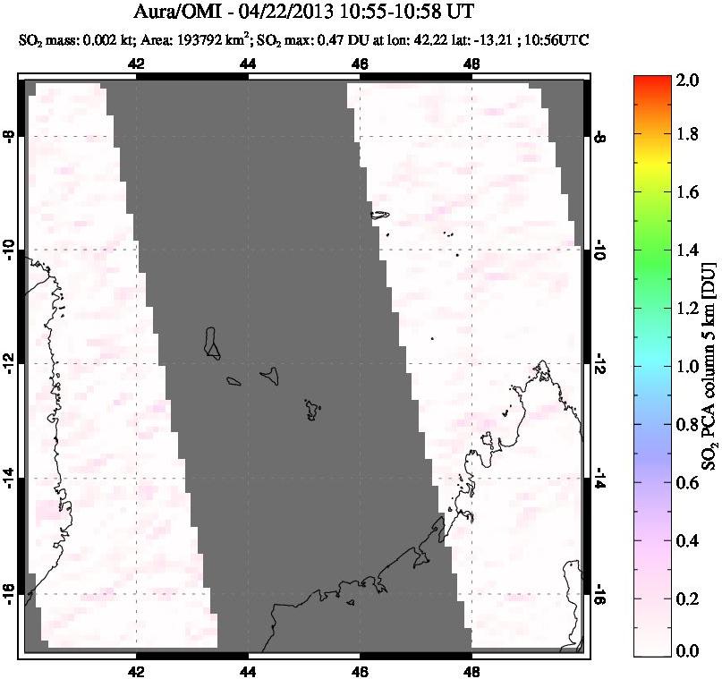 A sulfur dioxide image over Comoro Islands on Apr 22, 2013.