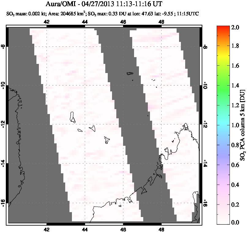 A sulfur dioxide image over Comoro Islands on Apr 27, 2013.