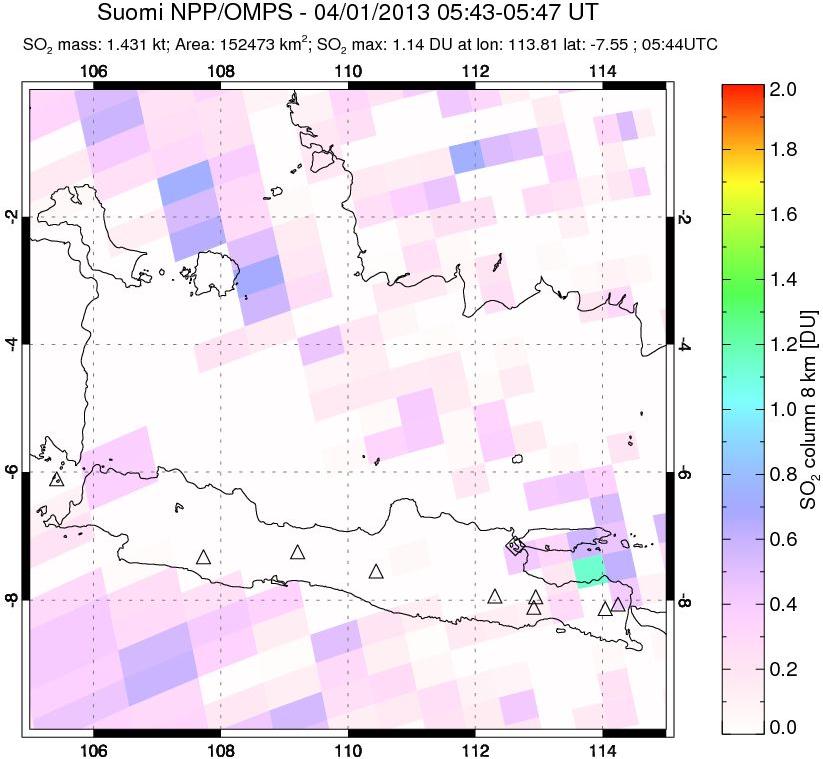 A sulfur dioxide image over Java, Indonesia on Apr 01, 2013.