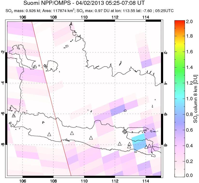 A sulfur dioxide image over Java, Indonesia on Apr 02, 2013.