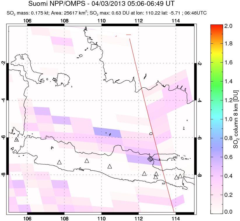 A sulfur dioxide image over Java, Indonesia on Apr 03, 2013.