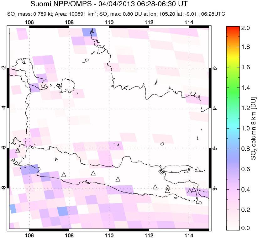 A sulfur dioxide image over Java, Indonesia on Apr 04, 2013.