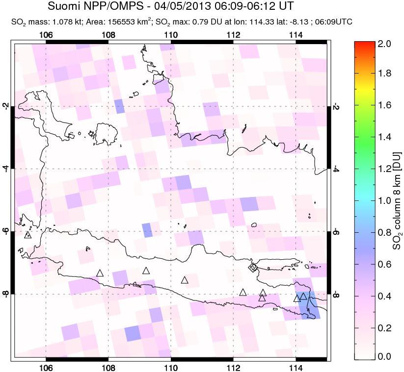 A sulfur dioxide image over Java, Indonesia on Apr 05, 2013.