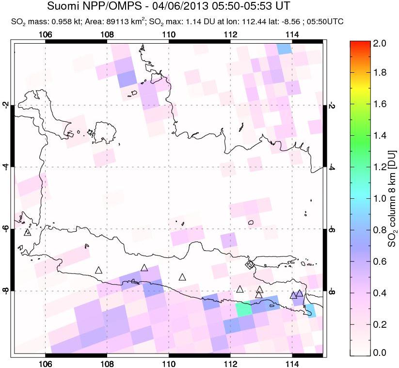 A sulfur dioxide image over Java, Indonesia on Apr 06, 2013.