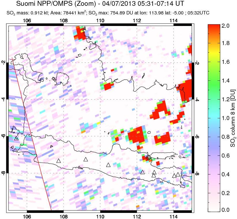 A sulfur dioxide image over Java, Indonesia on Apr 07, 2013.