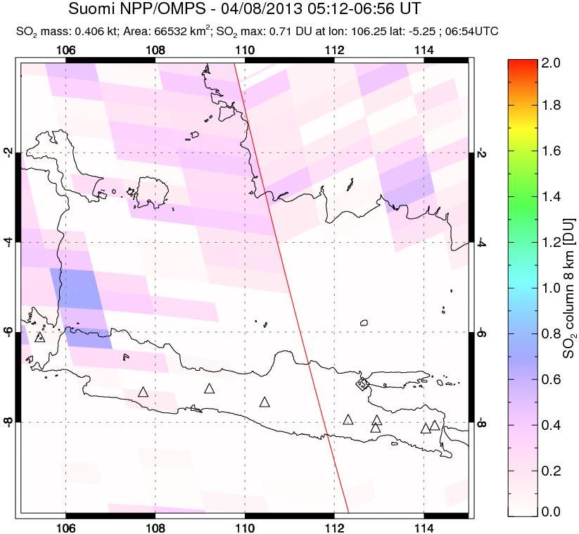 A sulfur dioxide image over Java, Indonesia on Apr 08, 2013.