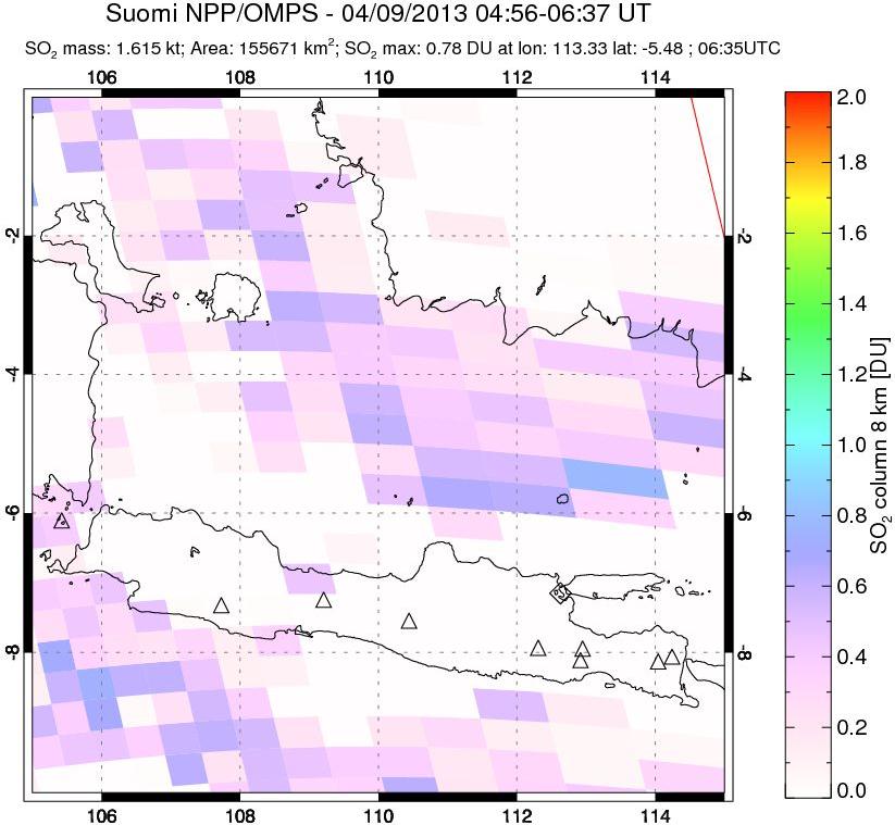 A sulfur dioxide image over Java, Indonesia on Apr 09, 2013.