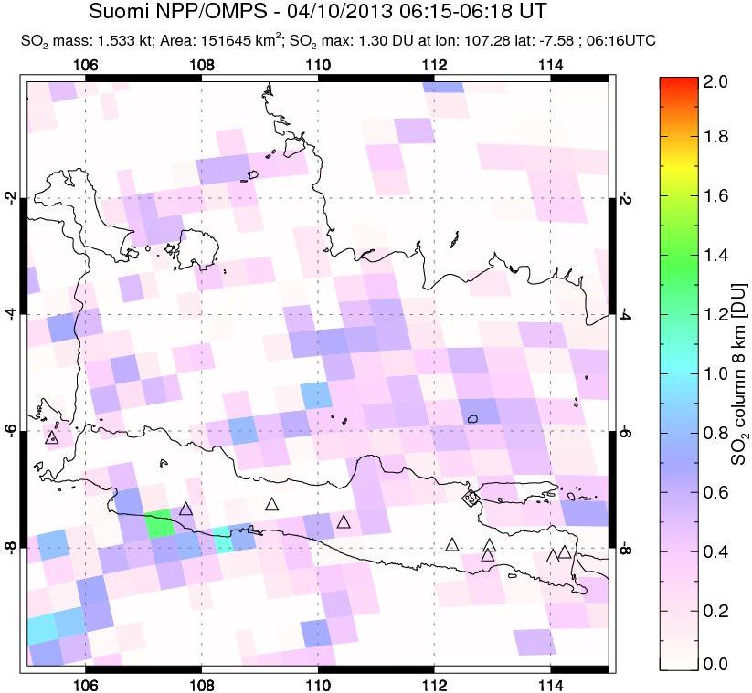 A sulfur dioxide image over Java, Indonesia on Apr 10, 2013.