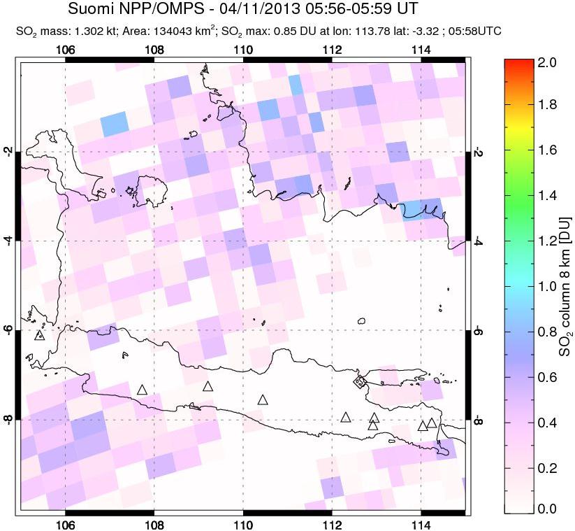 A sulfur dioxide image over Java, Indonesia on Apr 11, 2013.
