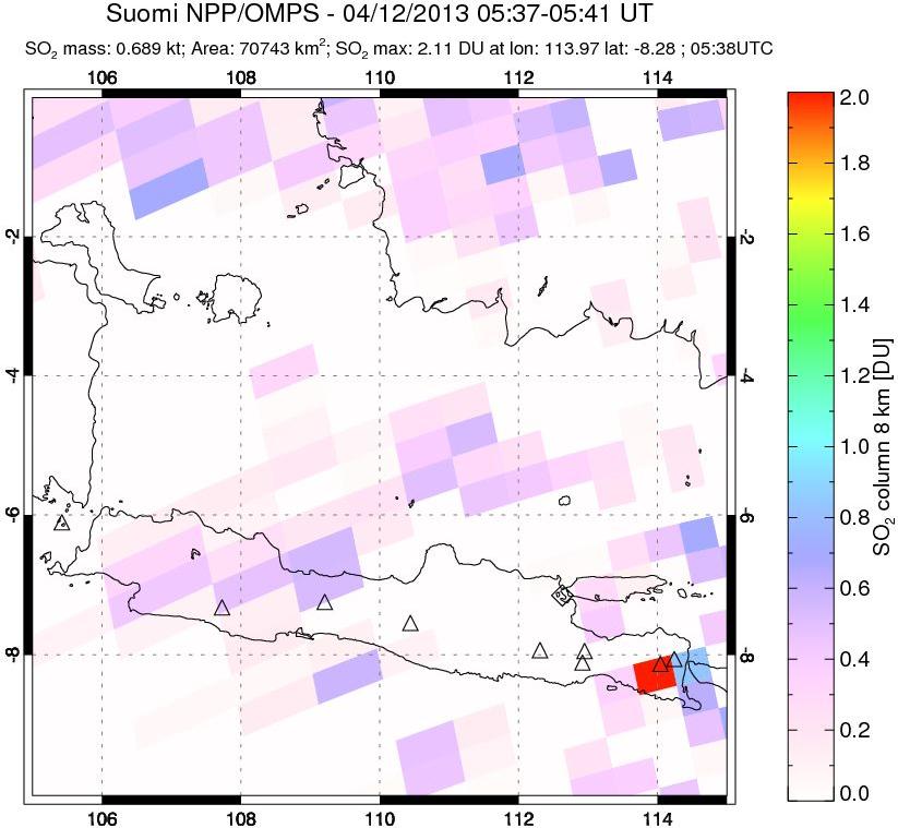 A sulfur dioxide image over Java, Indonesia on Apr 12, 2013.