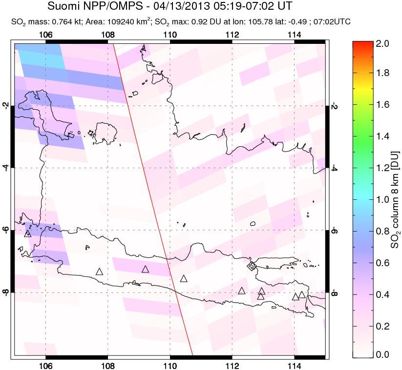 A sulfur dioxide image over Java, Indonesia on Apr 13, 2013.