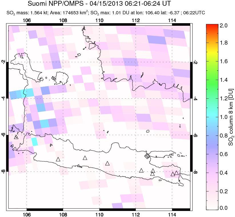 A sulfur dioxide image over Java, Indonesia on Apr 15, 2013.