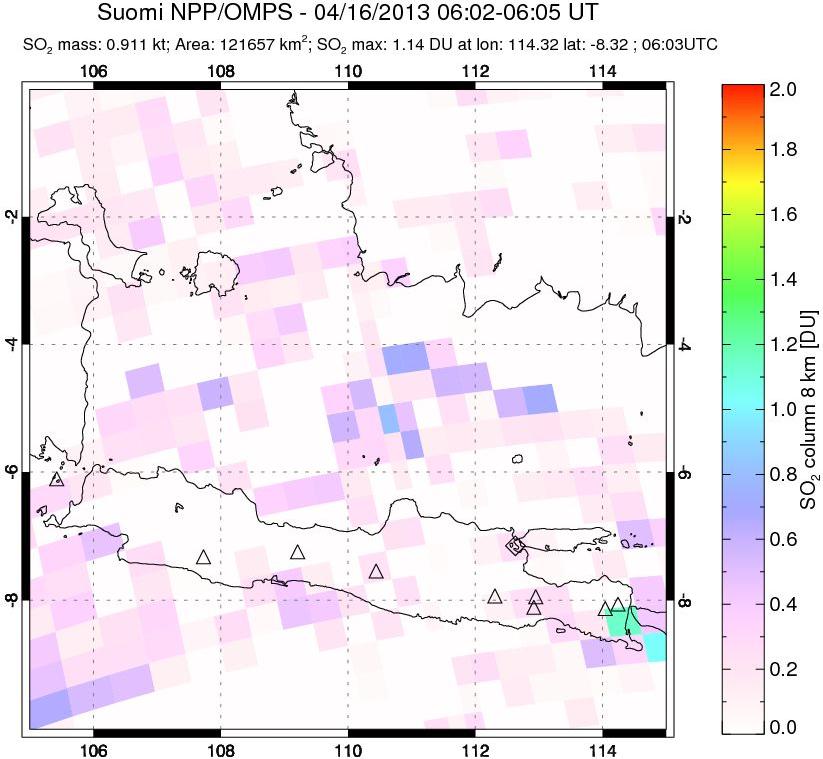 A sulfur dioxide image over Java, Indonesia on Apr 16, 2013.