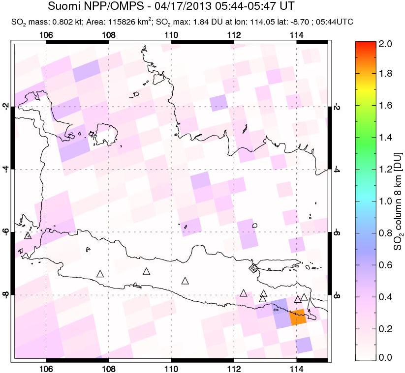 A sulfur dioxide image over Java, Indonesia on Apr 17, 2013.
