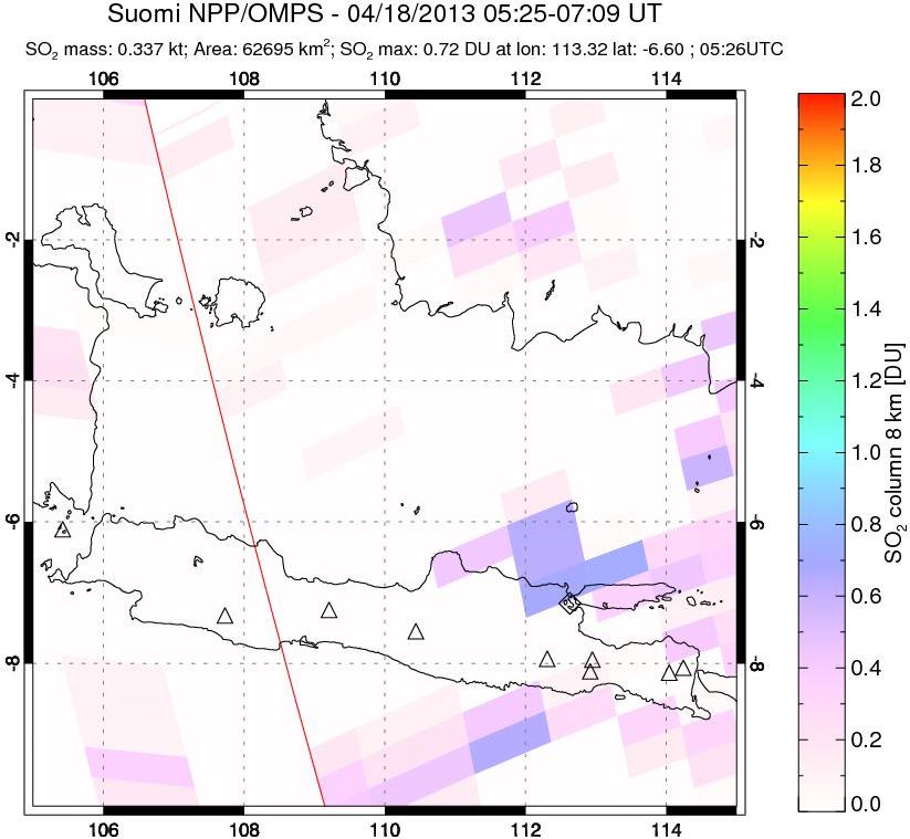 A sulfur dioxide image over Java, Indonesia on Apr 18, 2013.