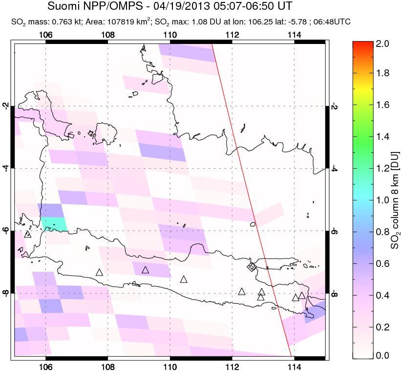 A sulfur dioxide image over Java, Indonesia on Apr 19, 2013.