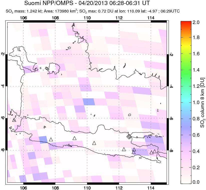 A sulfur dioxide image over Java, Indonesia on Apr 20, 2013.