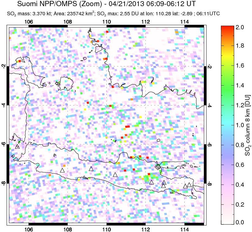 A sulfur dioxide image over Java, Indonesia on Apr 21, 2013.