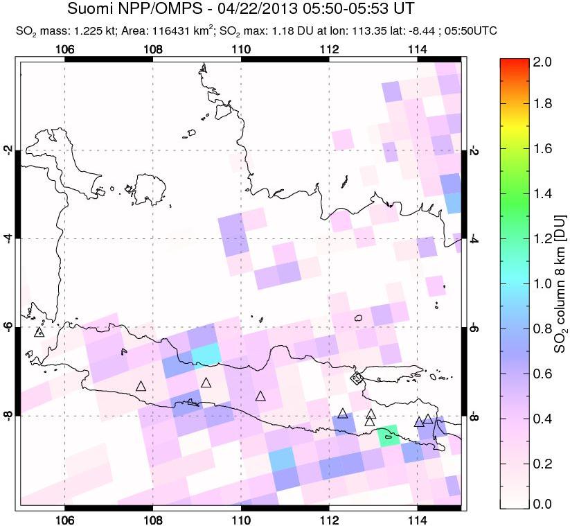 A sulfur dioxide image over Java, Indonesia on Apr 22, 2013.