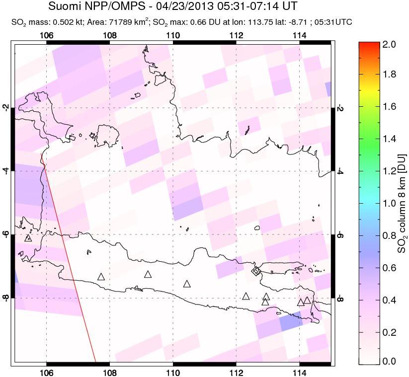 A sulfur dioxide image over Java, Indonesia on Apr 23, 2013.
